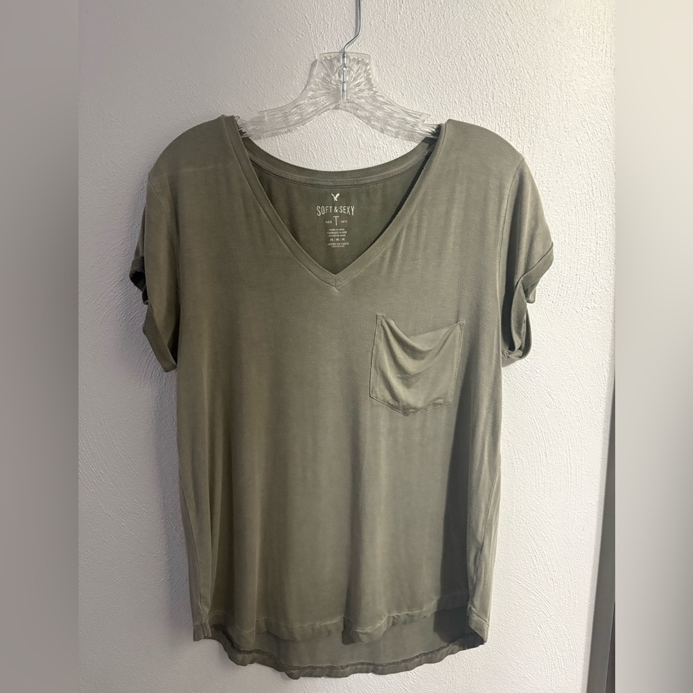 American Eagle Outfitters Soft & Sexy Olive V-Neck Tee